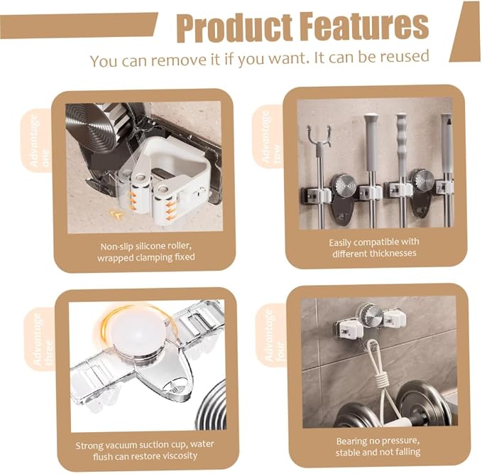 Broom and Mop Holder Wall Mount 2PCS Suction Cup Organizer - Image 5