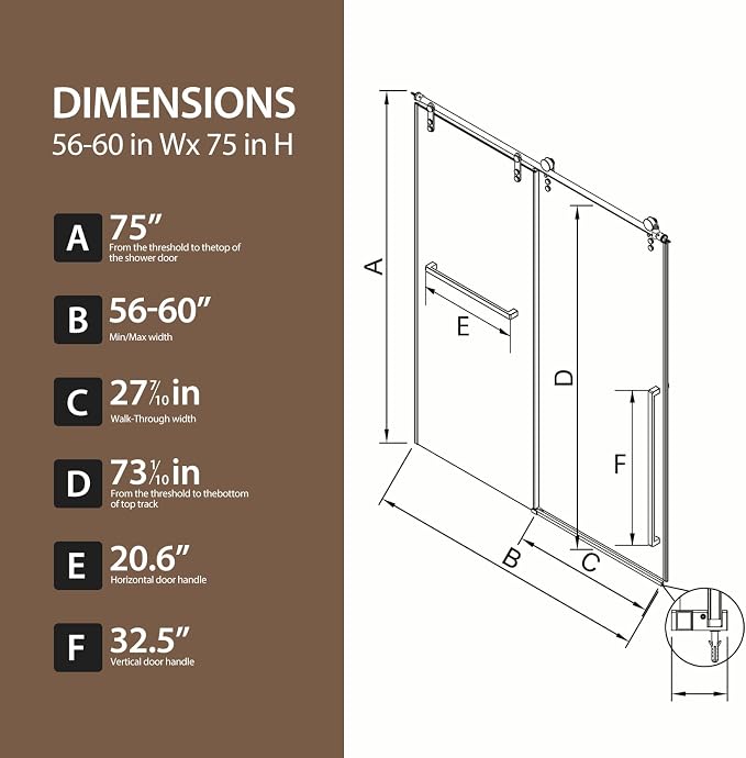 56-60" W x 75" H Frameless Shower Door, Sliding Shower Glass Door - Image 9