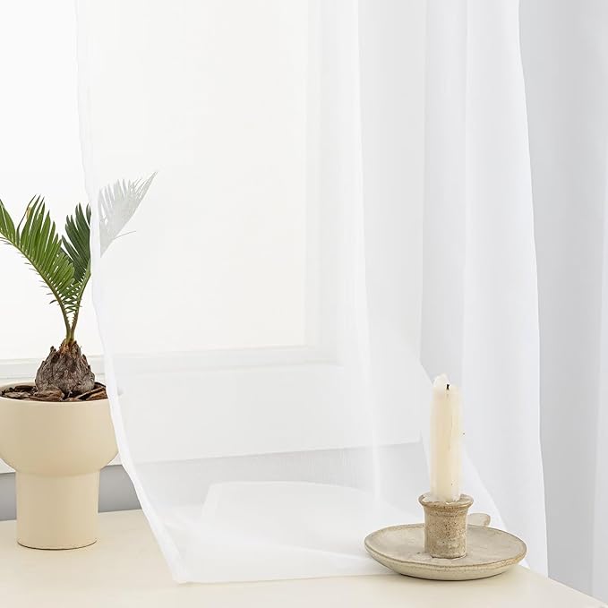 White Sheer Curtains 54 Inches Long 2 Panels, Rod Pocket Short Curtain for Kitchen, Bedroom, Cafe Window(White 38" W x 54" L)