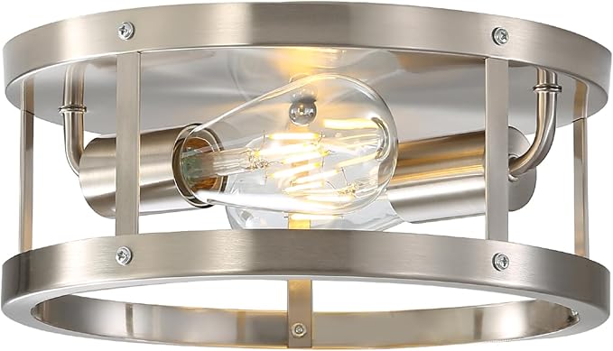2-Light Industrial Flush Mount Ceiling Light Fixture, Brushed Nickel Farmhouse by Sewterolyn