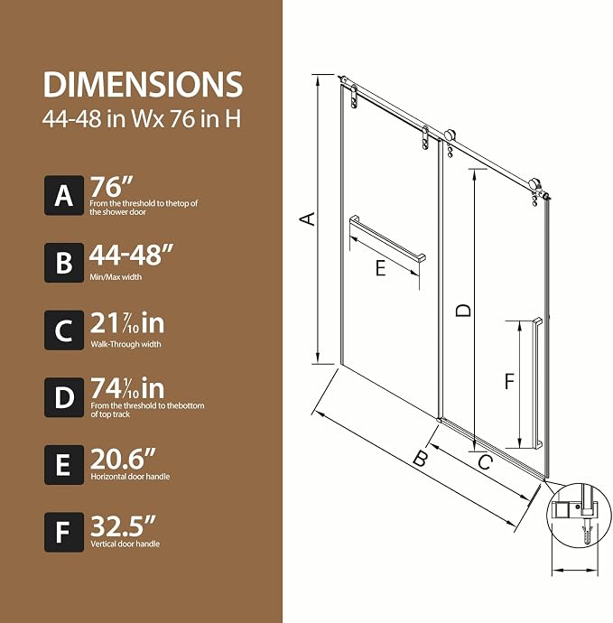 Frameless Sliding Shower Door, 44-48" W x 76" H Shower Glass Door, 5/16" - Image 9