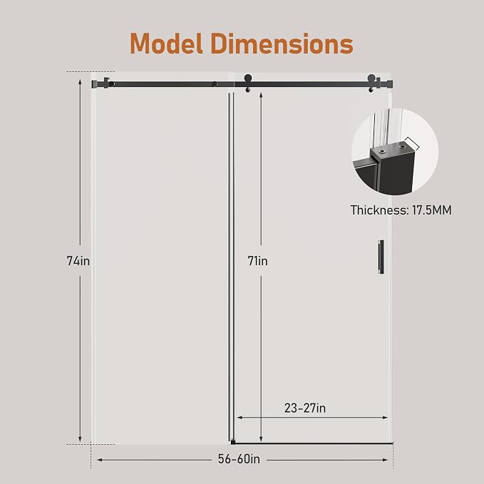 56-60 Inch Frameless Sliding Shower Door, 5/16" Clear Tempered Glass, Smooth - Image 2
