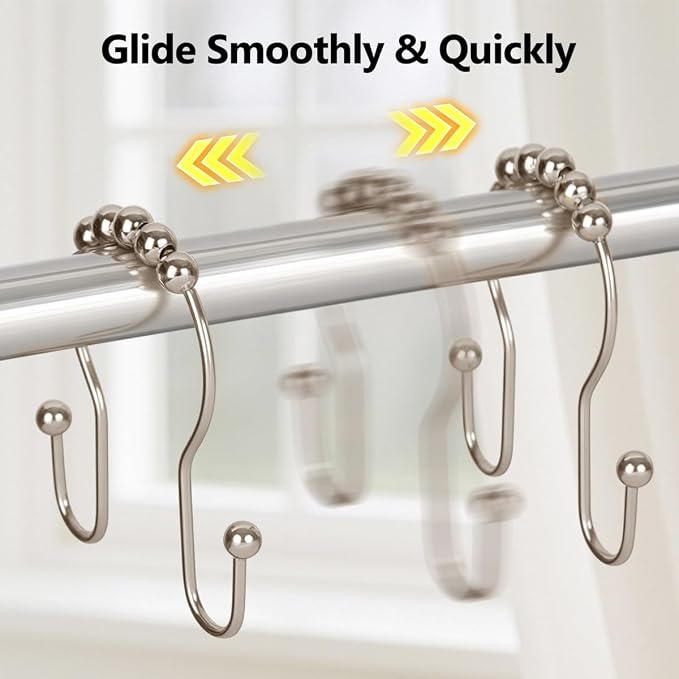 Double Shower Curtain Hooks, Sturdy Metal Nickel Shower Curtain Rings, Glide - Image 6