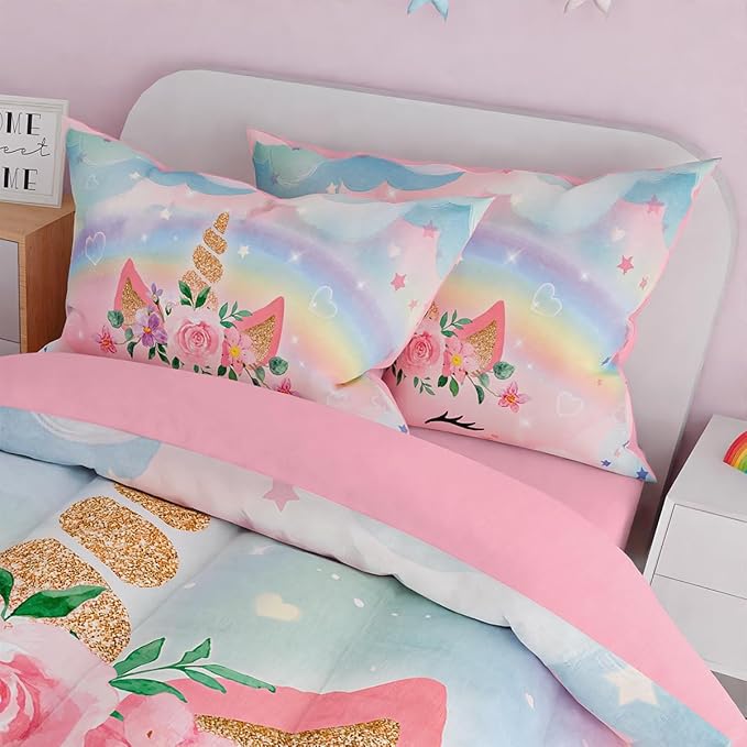 SANDJEST Unicorns Bedding Set for Girls Kids Teen Tween, Ultra Soft Microfiber Comforter Set Full Size with 4-Pieces, Comforters Bed Sets Bedroom Decor