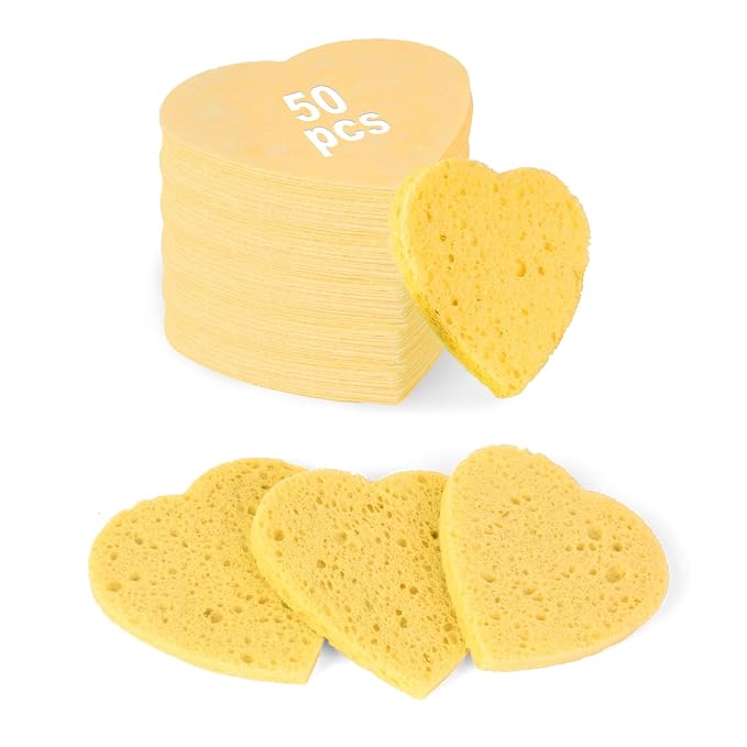 50-Count Heart Shape Compressed Facial Sponges, 100% Natural Cellulose Face by HUAXINBIOTECHNOLOGY