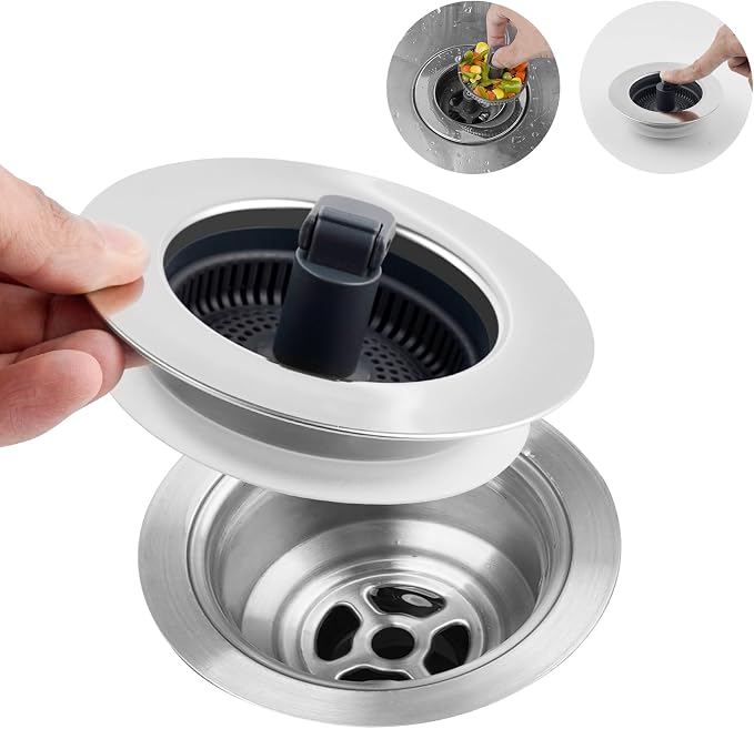 Hibbent 3 in 1 Kitchen Sink Drain Strainer, Stainless Steel Wrapped Shell Drain by Hibbent