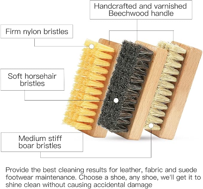 Shoe Cleaning Brush Set with Nylon, Boar and Horsehair Bristles, Wooden Sneaker - Image 3