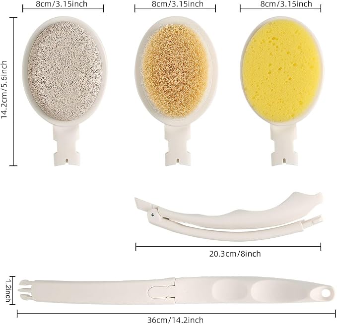 LFJ 19" Long Handle Shower Sponge Brush Set, 3 in 1 Body Brush, Bath Sponge and - Image 2