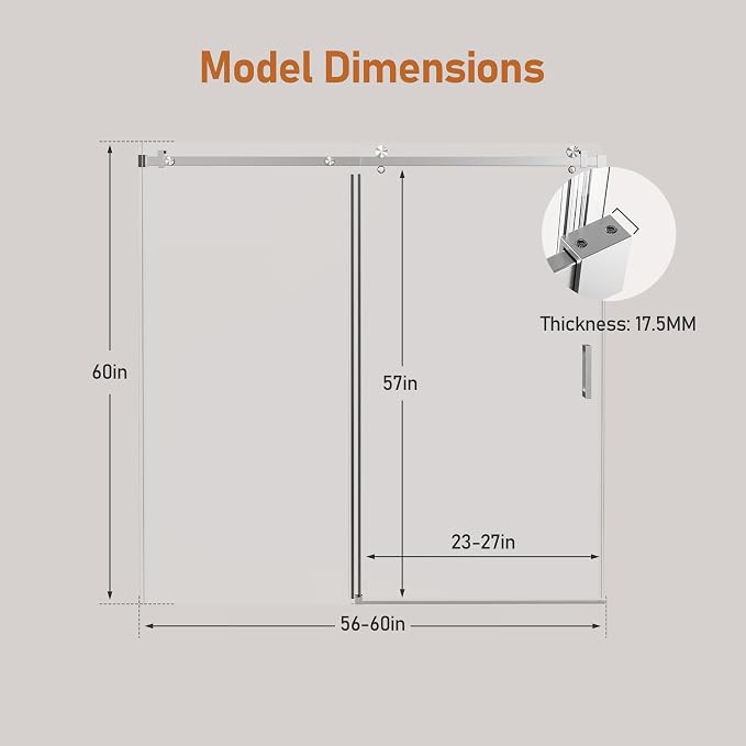 56-60 Inch Frameless Sliding Shower Door, 5/16" Clear Tempered Glass Bathtub - Image 2