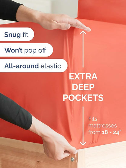 Extra Deep King Fitted Sheet - Hotel Luxury Single Fitted Sheet Only - Easily Fits 18 inch to 24 inch Mattress - Ultra Soft, Wrinkle Free w/Extra Deep Pockets - Easy-Care, Breathable & Comfy - Coral