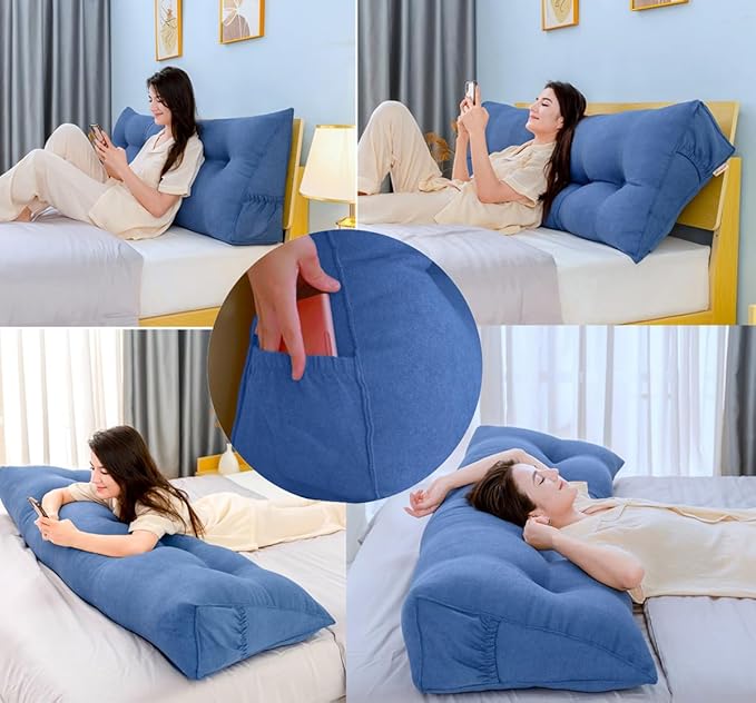 Triangular Reading Bed Rest Pillow Large Bolster Cushion Headboard Backrest Wedge Pillow with Removable Cover and Two Large Side Pockets (Golden Brown, California King: 71 x 8 x 20 inches)