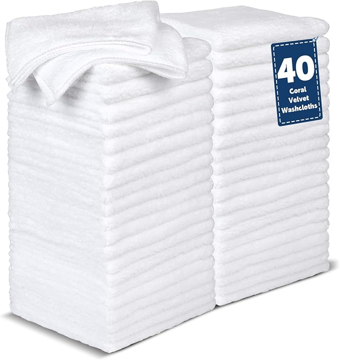40 Pack White Coral Velvet Washcloths Bulk, Highly Absorbent and Soft Face by TEAWOO
