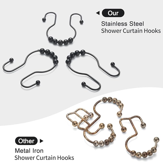 Goowin Shower Curtain Hooks, Stainless Steel Black Shower Curtain Hooks - Image 3