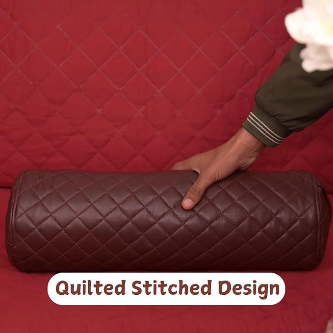 Neck Roll Pillow Cushion Cover, 24x6 Inch Full Moon Round Bolster Pillow Case, Cylinder Soft Lambskin Leather Pillowcase for Head, Spine & Neck Support During Sleep - Quilted Dark Brown Pack of 2