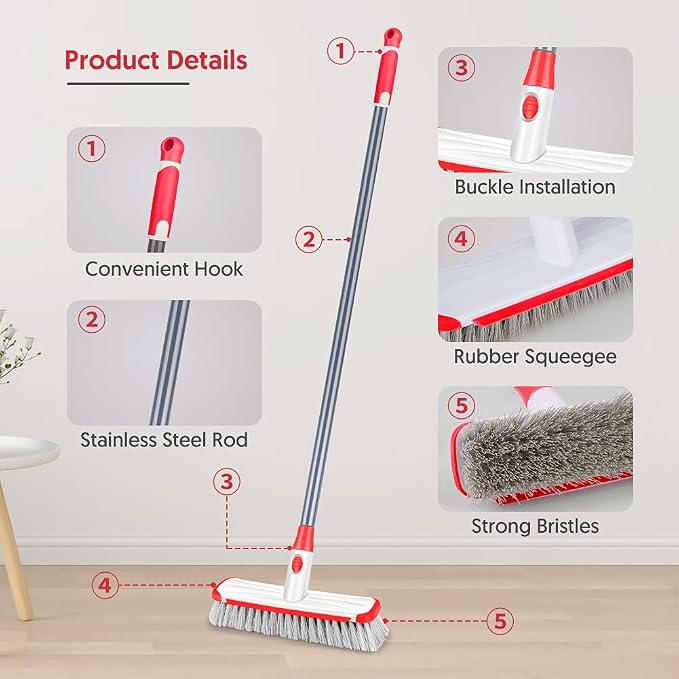 Floor Scrubber with Long Handle, 2 in 1 Scrubbing Brush Stiff Bristle Shower - Image 4