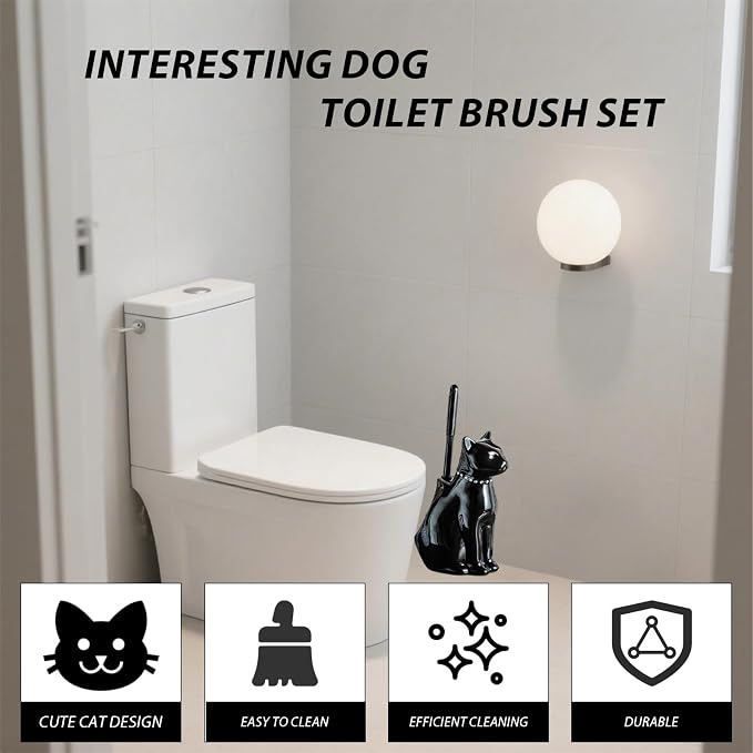 Comeon Ceramic Cat White/Black Toilet Brush and Holder Set, Plastic Handled - Image 4