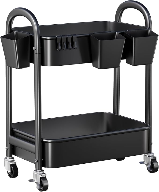 2 Tier Rolling Cart Metal on Wheels, Two Tiered Short Storage Side Table - Image 8