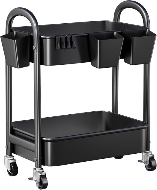 2 Tier Rolling Cart Metal on Wheels, Two Tiered Short Storage Side Table by Recximi