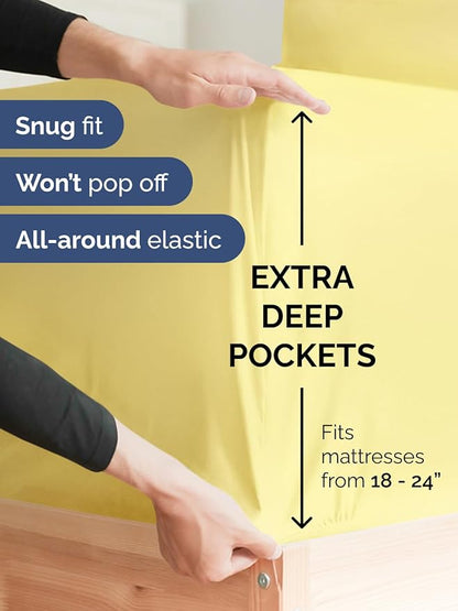 Extra Deep Full Fitted Sheet - Hotel Luxury Single Fitted Sheet Only - Easily Fits 18 inch to 24 inch Mattress - Ultra Soft, Wrinkle Free w/Extra Deep Pockets - Easy-Care, Breathable & Comfy - Yellow