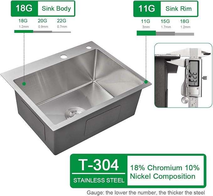 23x18 Inch Kitchen Sink, Handmade 304 Stainless Steel Sink, Topmount - Image 3