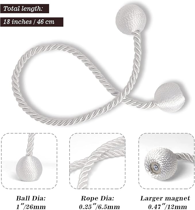 Hion Magnetic Curtain Tiebacks White 6 Pack, Curtain Tiebacks Buckles Holdbacks - Image 2
