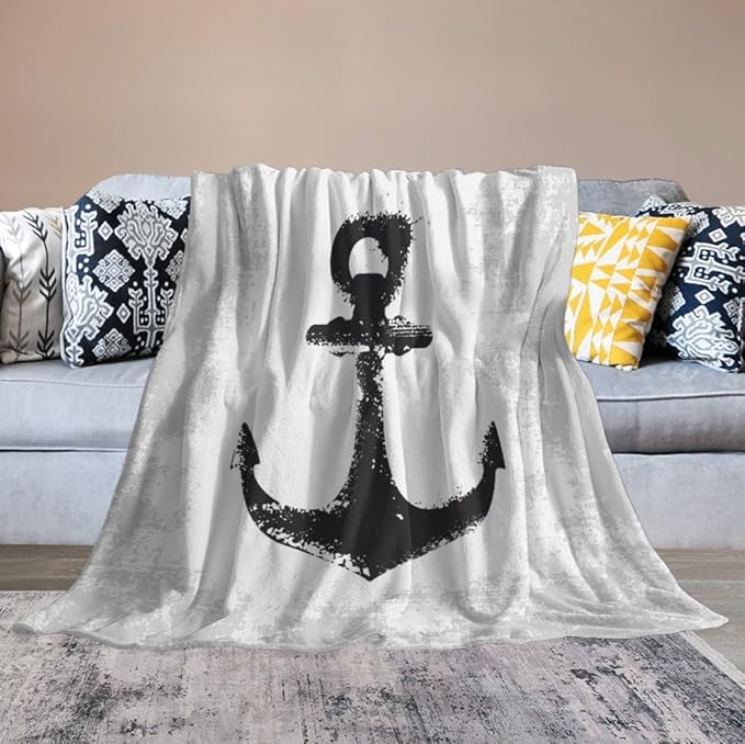 Nautical Anchor Blanket Modern Abstract Light Grey Black Anchor Art Print Soft Cozy Lightweight Throw Blanket for Women Men Bedroom Living Room Dorm Chair Sofa Travel 70x80in