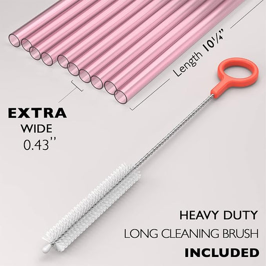 10 EXTRA WIDE Long Reusable Hard Plastic Drinking Straws + Cleaning Brush - Image 2