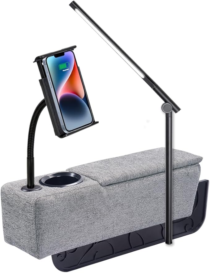 Multifunctional Sofa Armrest, Couch Armrest with Wireless Charge Stand, Removable Couch Caddy with Storage,Including LED Reading Light,Pewter