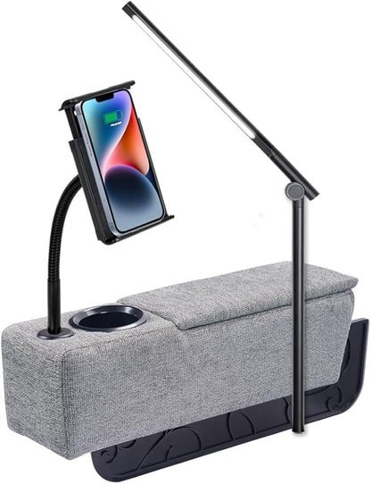 Multifunctional Sofa Armrest, Couch Armrest with Wireless Charge Stand, Removable Couch Caddy with Storage,Including LED Reading Light,Pewter