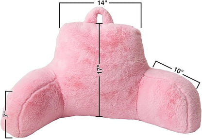 Holawakaka Standard Faux Fur Bed Rest Pillow with Arms, Rabbit Fur Reading Pillows Perfect for Adults, Teens, Kids, Arm, Back, Pregnancy Lumbar & Head Neck Coccyx Lower Back Support Cushion (Pink)