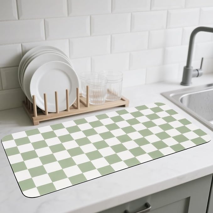 Checkered Dish Drying Mat for Kitchen Counter, Absorbent Non-Slip Coffee Mat by CooRug