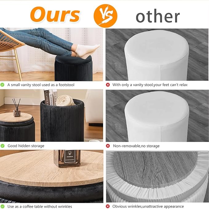 Round Set of 2 Ottoman with Storage-Upholstered Velvet Vanity Stool - Image 4