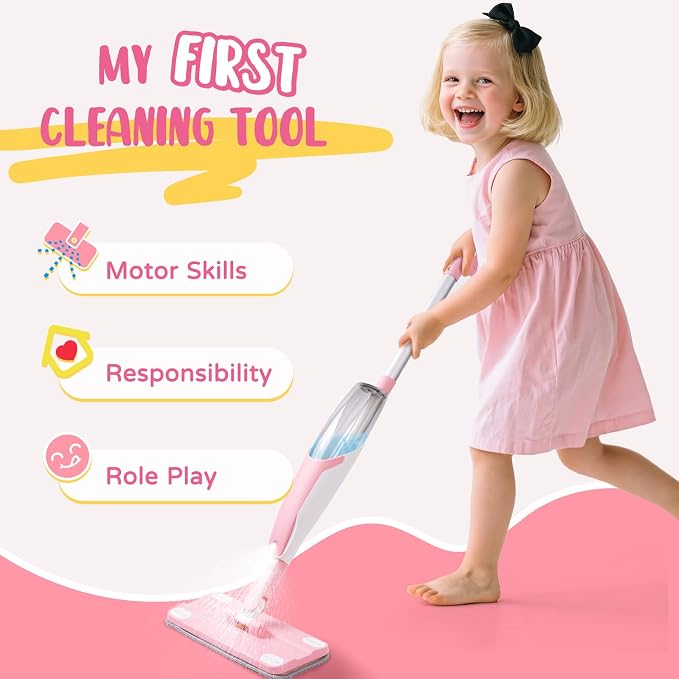Pink Mini Spray Mop for Toddler-Girls Montessori Cleaning Toy That Real Spray - Image 4