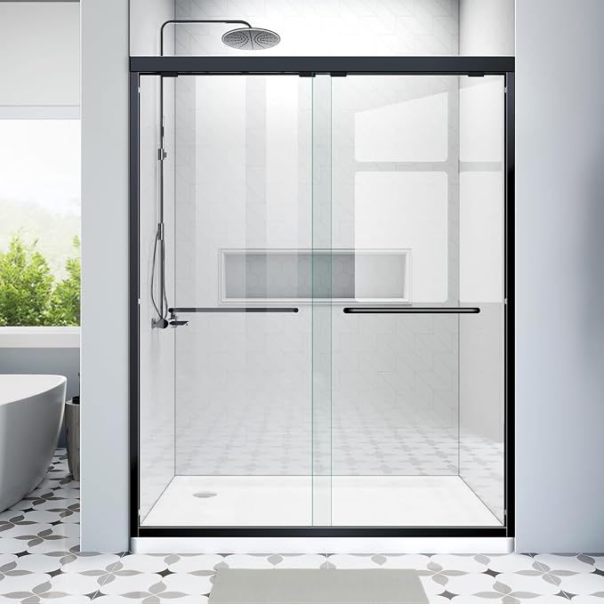 Shower Doors Glass Sliding 60 inches, 56-60'' W x 72''H Matte Black Semi by Glazenclos