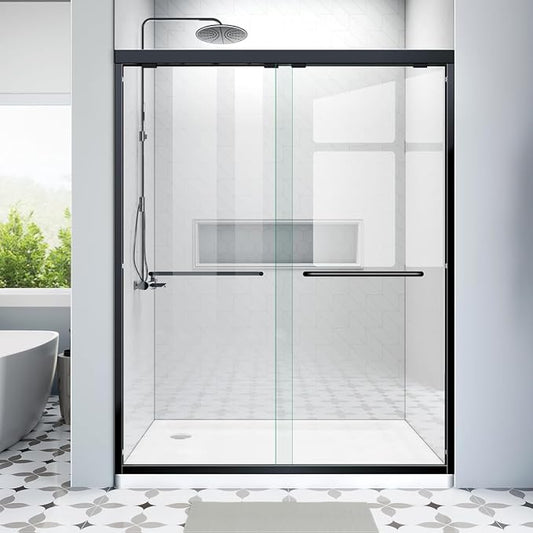 Shower Doors Glass Sliding 60 inches, 56-60'' W x 72''H Matte Black Semi by Glazenclos