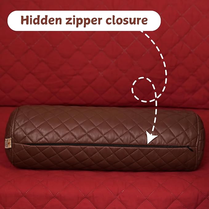 Neck Roll Pillow Cushion Cover, 24x7 Inch Full Moon Round Bolster Pillow Case, Cylinder Soft Lambskin Leather Pillowcase for Head, Spine & Neck Support During Sleep - Quilted Chocolate Brown Pack of 1