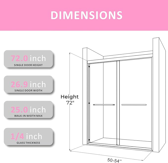 Chrome Shower Glass Door 50-54'' x 72'', Splash-Proof Adjustable Stainless - Image 7