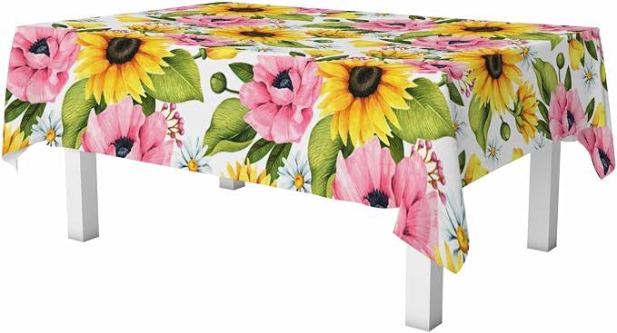Sunflowers Yellow Table Cloth 52x70 Yellow Pink Sunflower Poppies by Unknown