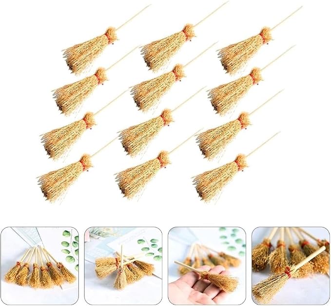 5Pcs Mini Witch Brooms for Dollhouse, Handmade 1:12 Scale Broomstick Set - Image 7