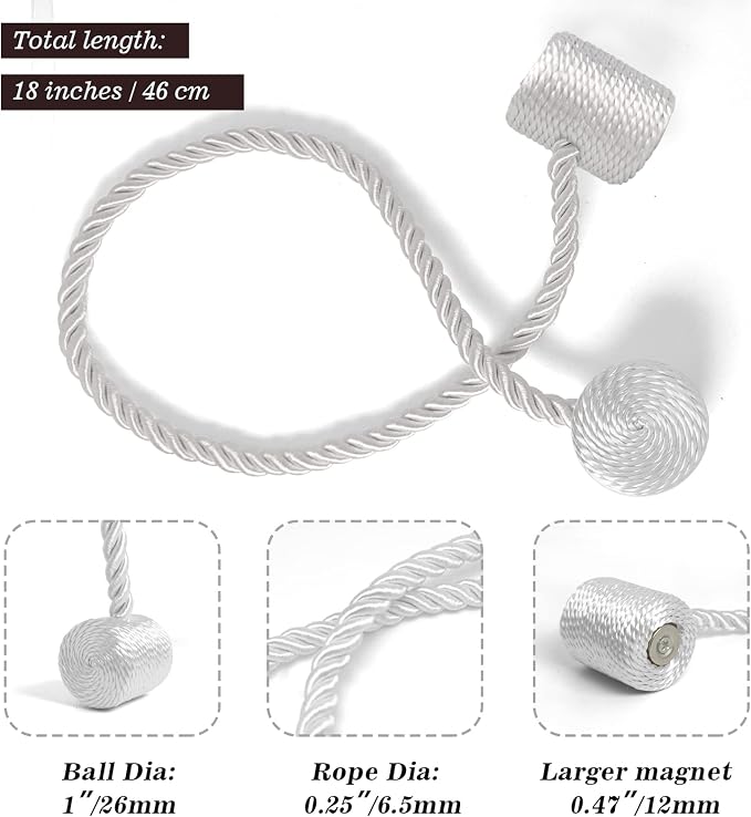 Hion Magnetic Curtain Tiebacks White 6 Pack, Curtain Tiebacks Buckles Holdbacks - Image 2