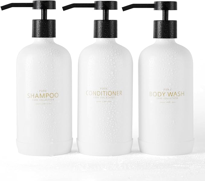 Shampoo and Conditioner Dispenser Set of 3, Refillable 21oz Shampoo Bottles by Janxinmakeyouloveyourhome