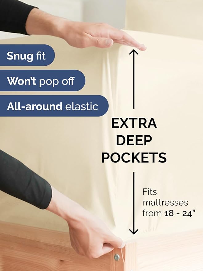 Extra Deep Pocket Cal King Sheets - 4 Piece Breathable & Cooling Bed Sheets - Hotel Luxury Bed Sheet Set - Soft, Wrinkle Free & Comfy - Easily Fits Extra Deep Mattresses - Deep Pocket Off White Sheets