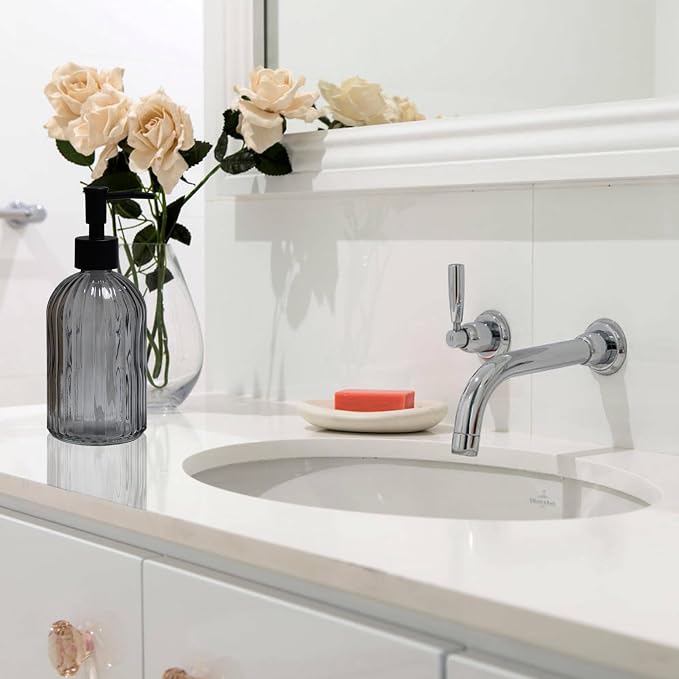 Grey Glass Soap Dispenser with Black Plastic Pump, 13.5oz Refillable Liquid - Image 5