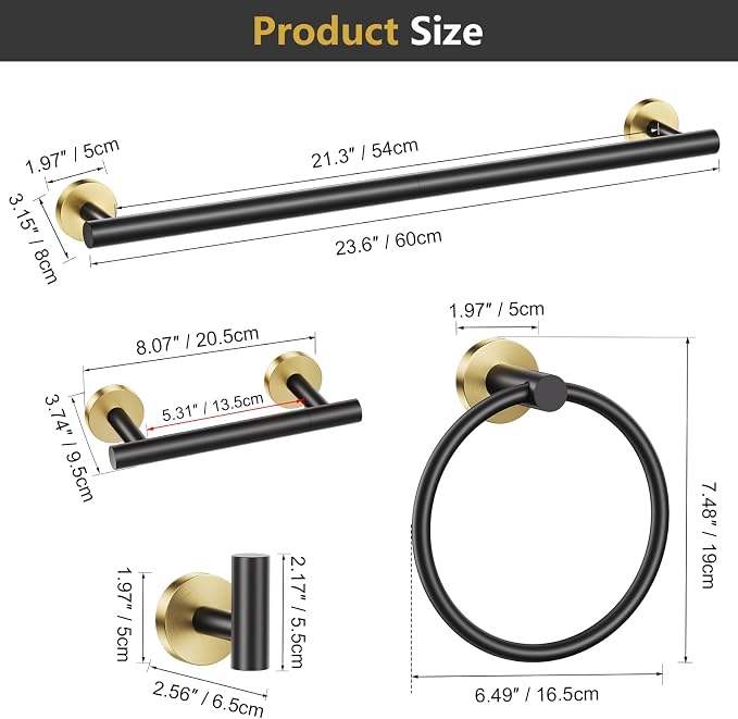 TQKAG Black and Gold 5 Piece Bathroom Hardware Accessories Set 23.6" SUS304 - Image 6