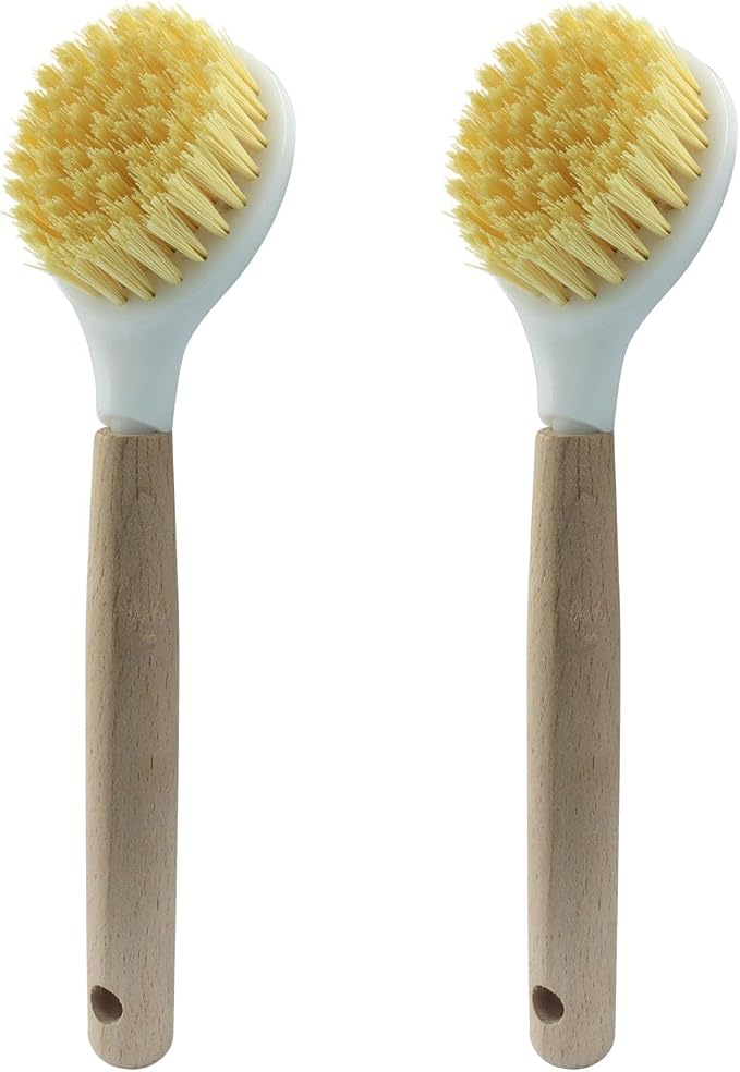 3 Pcs Kitchen Dish Brush with Bamboo Handle, Dish Scrubber Brush Built-in by Jiozermi
