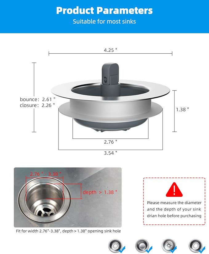 Hibbent 3 in 1 Kitchen Sink Drain Strainer and Stopper Combo, Chrome Stainless - Image 7