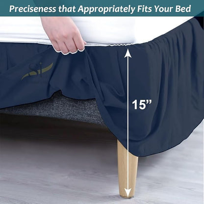 Shreem Linen Ruffled Bed Skirt with Split Corners, Gathered Style, 100% Microfiber, 16-Inch Drop, Dust Ruffle Bedskirt with Platform, Twin-XXL, Navy Blue