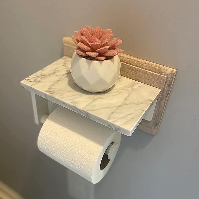 Toilet Paper Holder with Natural Marble Shelf, 304 Stainless Steel Screw Wall - Image 2