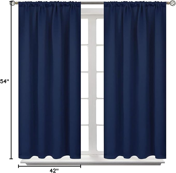BGment Navy Blue Black Out Curtains 54 Inch Long for Bedroom Windows - Rod Pocket Room Darkening Drapes Thermal Insulated Short Blinds for Kitchen Kids Door Privacy, 42 x 54 Inch, Navy Blue, 2 Panels