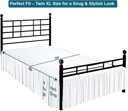 Shreem Linen Ruffled Bed Skirt with Split Corners, Gathered Style, 100% Microfiber, 24-Inch Drop, Dust Ruffle Bedskirt with Platform, Twin-XL, White